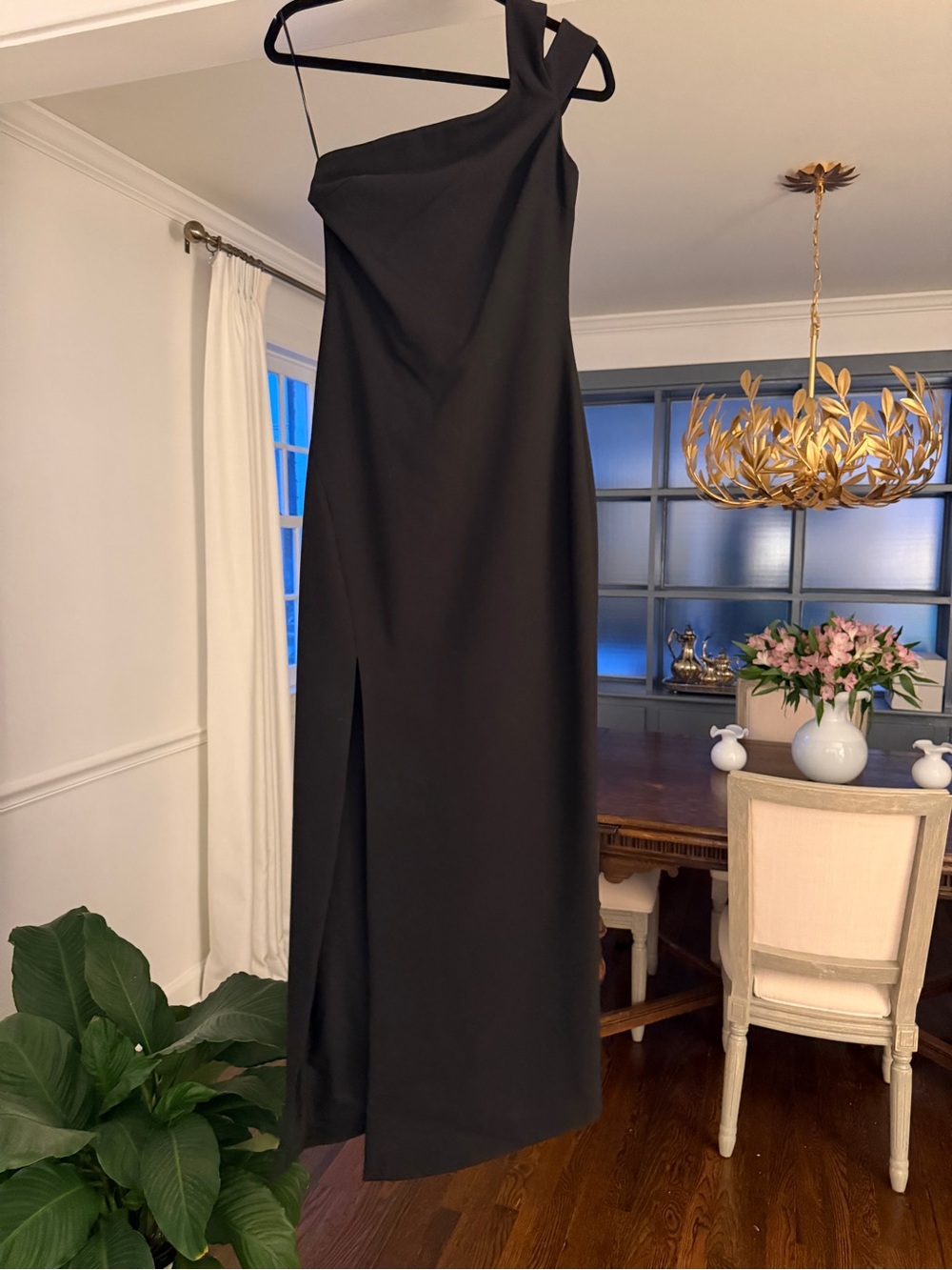 Likely Black Asymmetric One-Shoulder Maxi Skirt with Front Slit